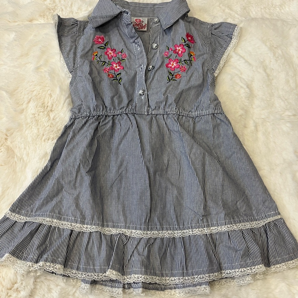 Striped Blue Kids Dress with Floral Embroidery